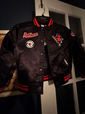 Kids Satin Baseball-Style Bomber Jacket - Black with Orange Trim